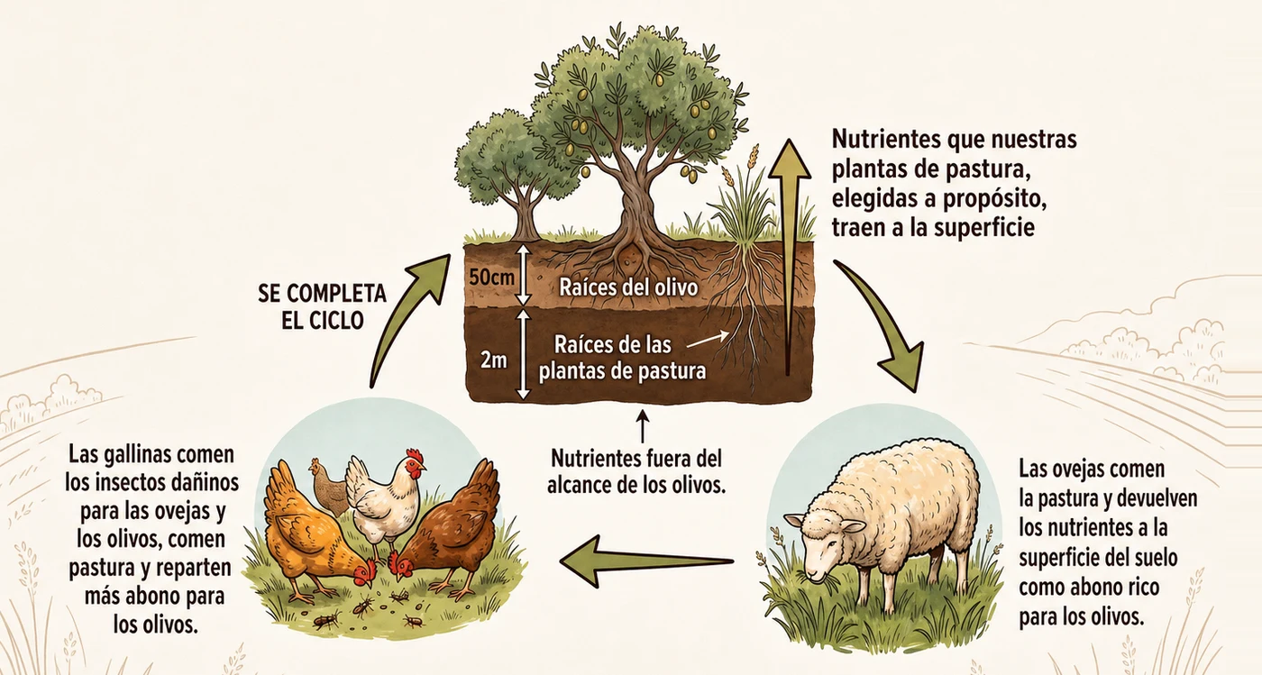 Diagrama del ciclo regenerativo de Las Marías: las plantas de raíz profunda suben nutrientes a la superficie, las ovejas los devuelven al suelo como abono y las gallinas completan el ciclo